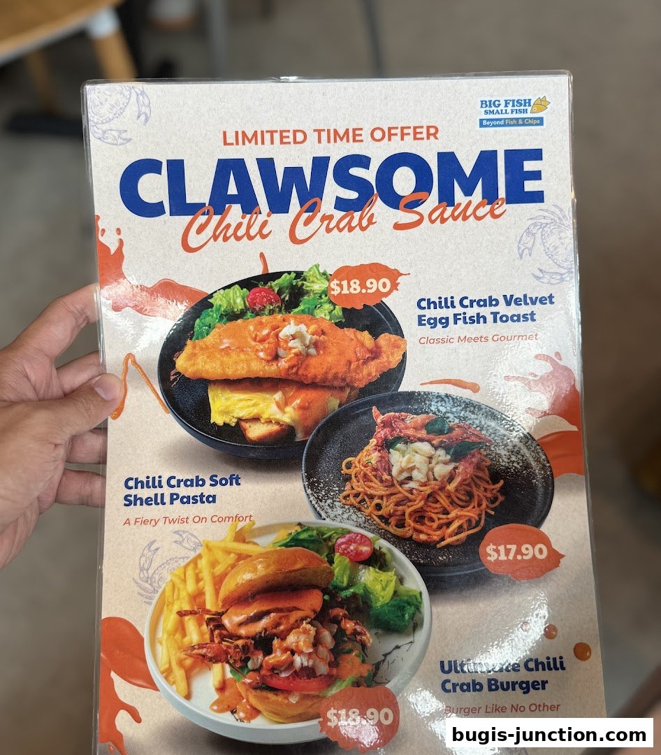 A menu featuring limited-time chili crab sauce dishes including toast, pasta, and a burger.