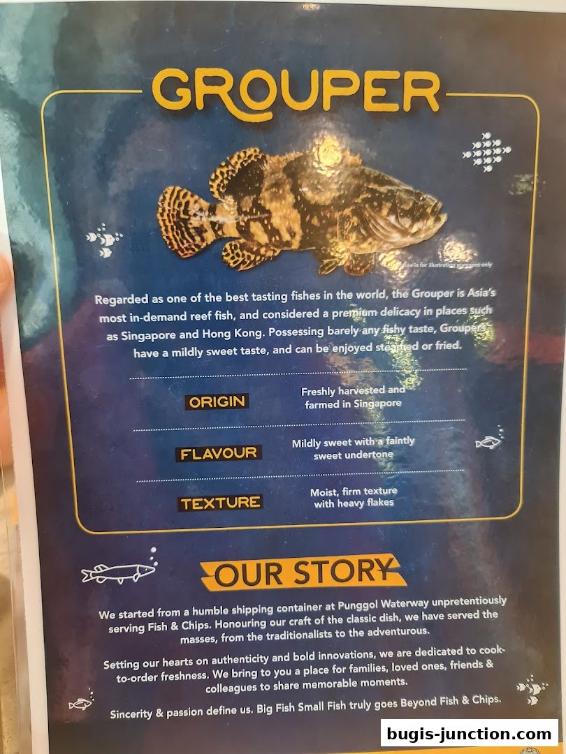 A menu page detailing the Grouper fish, its origin, flavour, texture, and the restaurant's story.