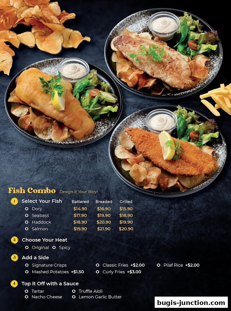 A menu showcasing customizable fish combos with various fish, cooking styles, sides, and sauces.