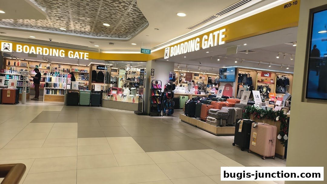 The Boarding Gate shop displays a wide variety of luggage and travel accessories.