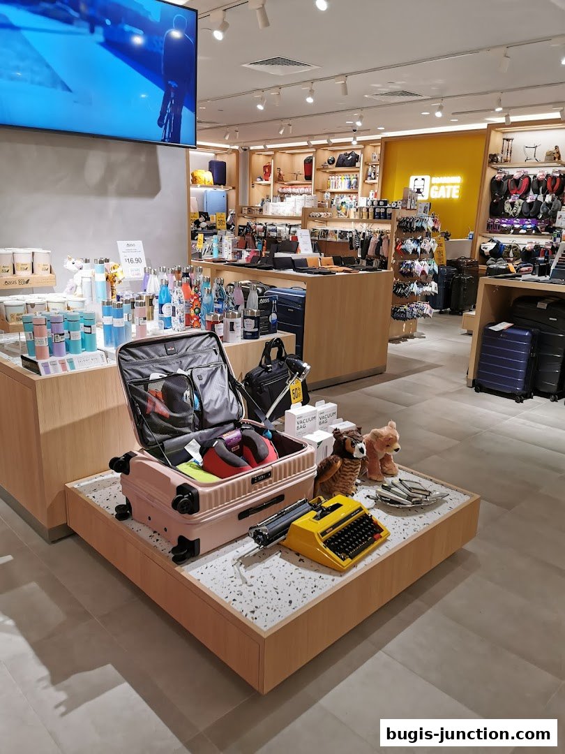 Interior view of a retail store displaying luggage, travel accessories, and decorative items.