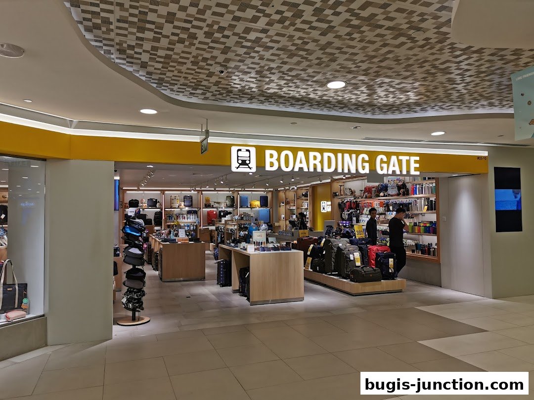 The Boarding Gate shop entrance, showcasing a wide selection of travel bags and accessories.