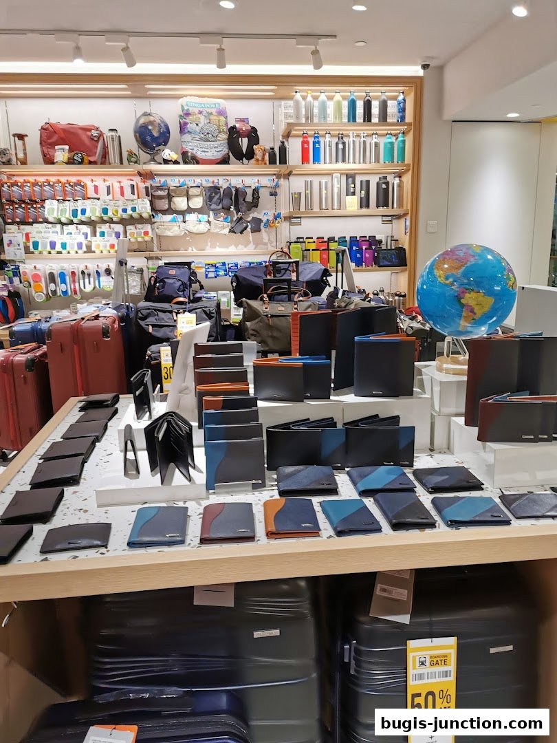 A retail shop interior displaying travel accessories, wallets, and luggage.