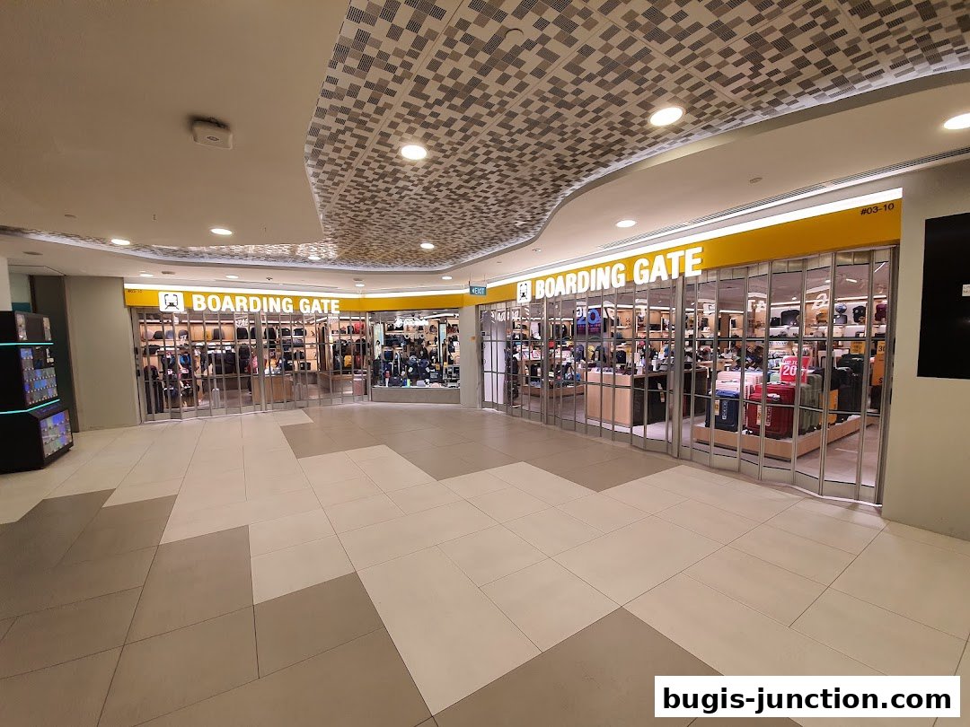 The "Boarding Gate" shop entrance, showcasing a wide selection of luggage and bags.