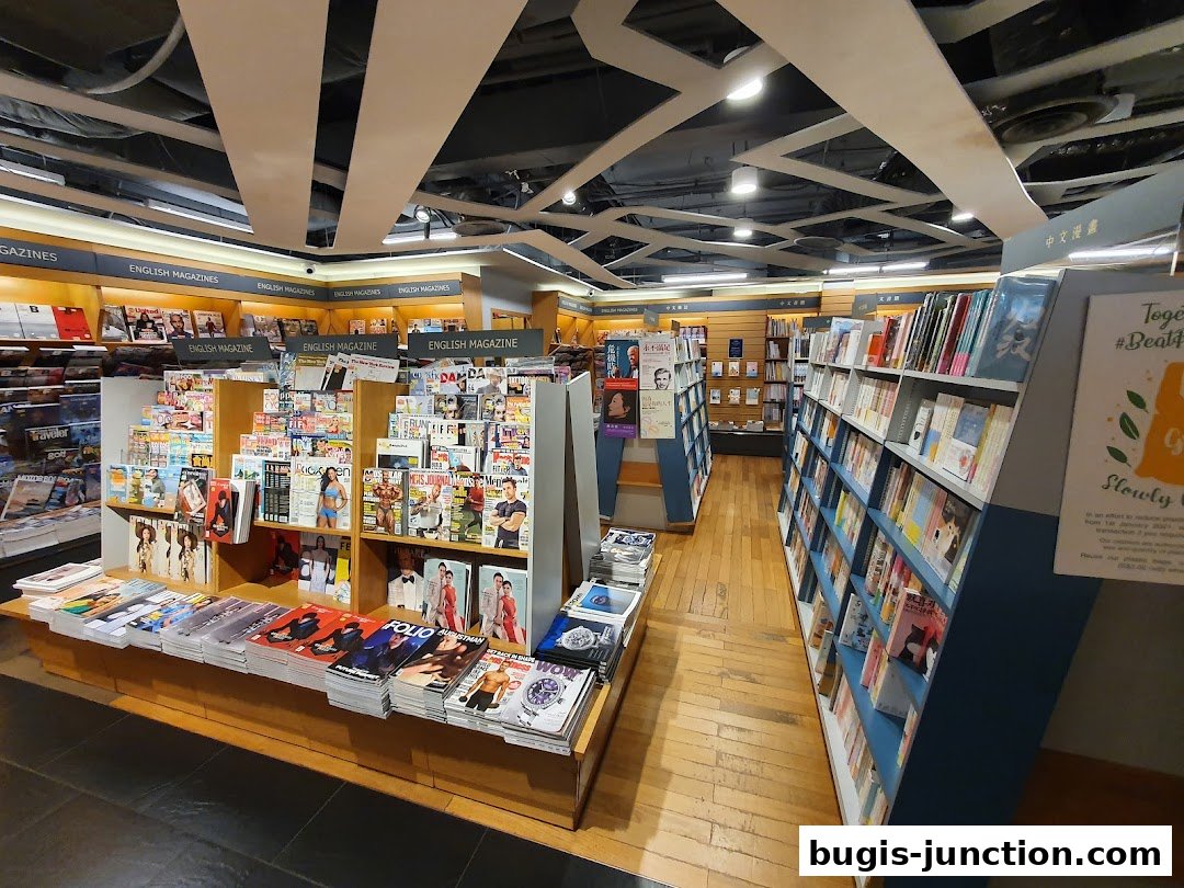 Interior view of a bookstore with shelves full of books and magazines.