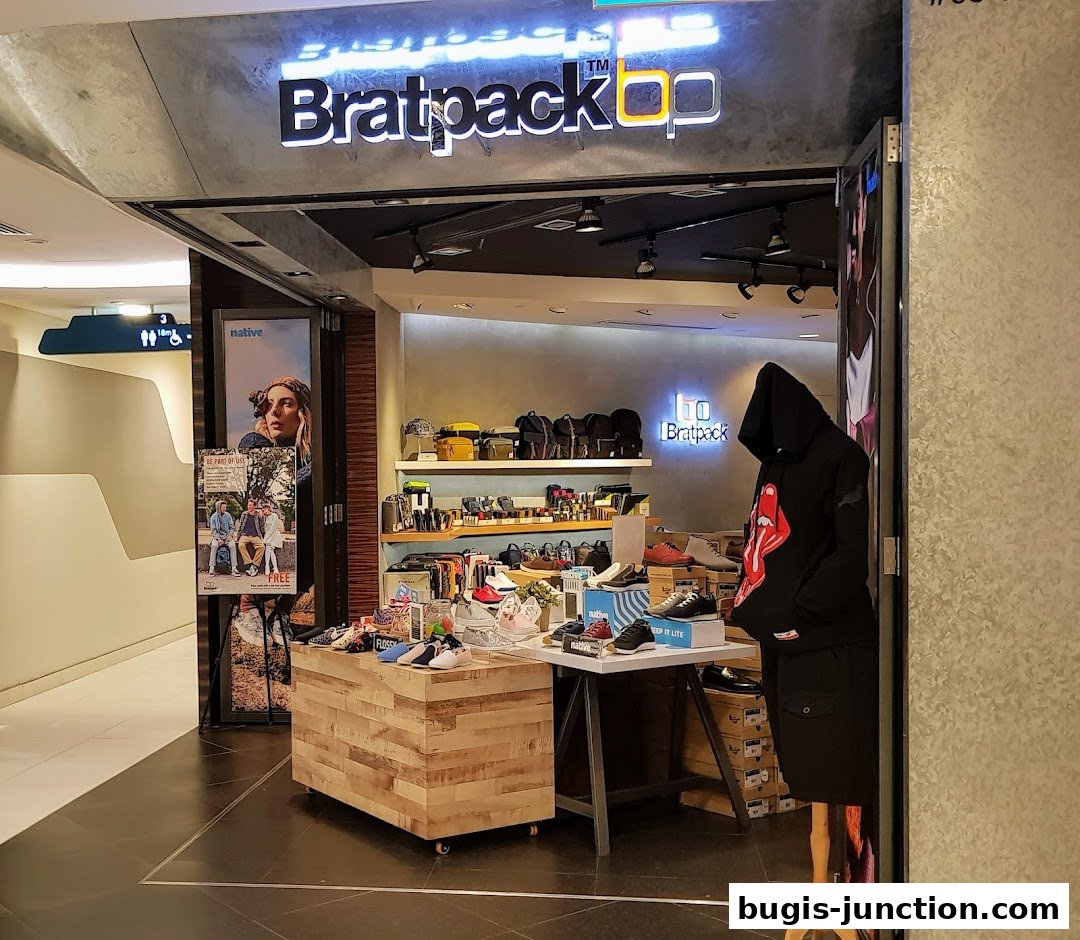 The entrance of Bratpack Bugis shop, showcasing shoes and apparel.