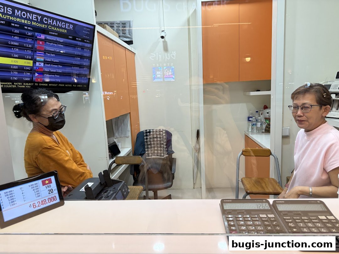 Two women at a money changer counter with currency exchange rates displayed on a screen.