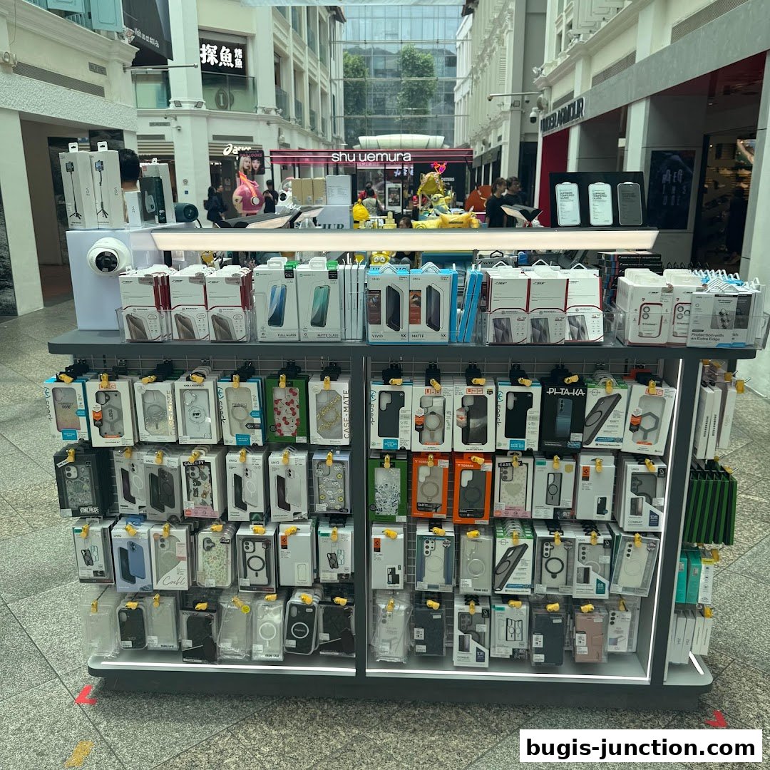 A display stand filled with various phone cases and accessories in a shopping mall.