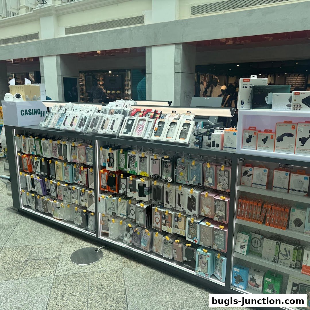 A display of various phone cases and accessories at Casing Hub.