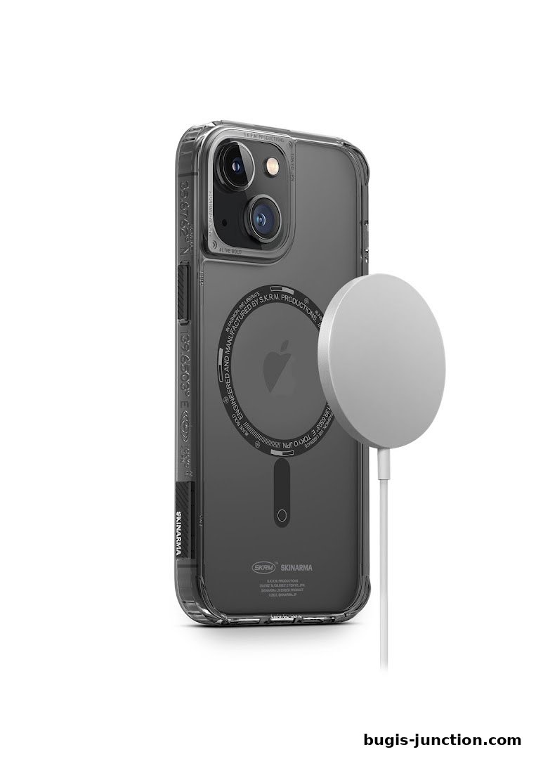 A transparent phone case with a magnetic charger attached to the back.