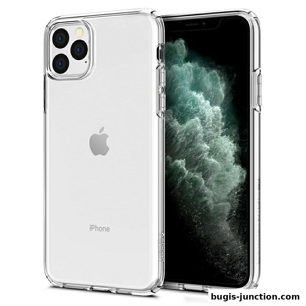 A clear protective case for an iPhone 11 Pro with a triple camera system.