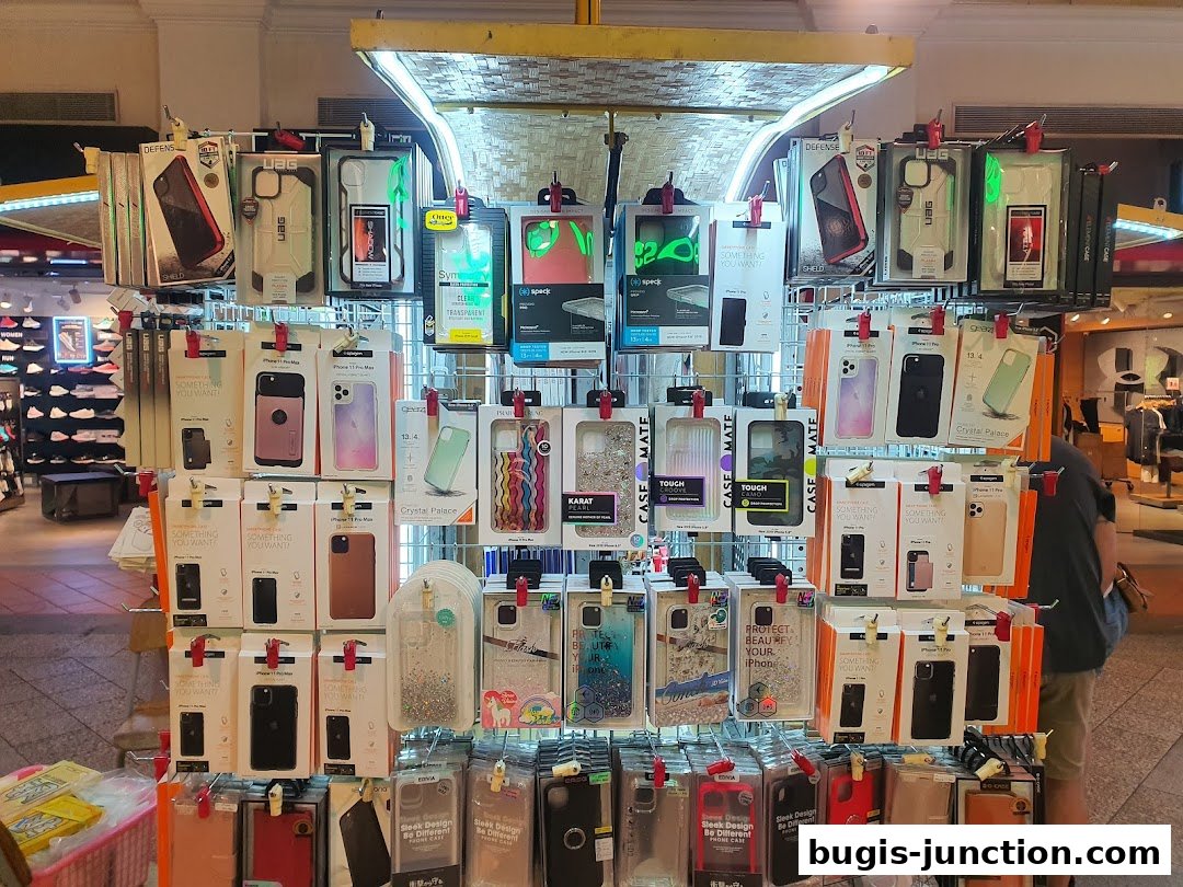 A display rack filled with various phone cases for different iPhone models.