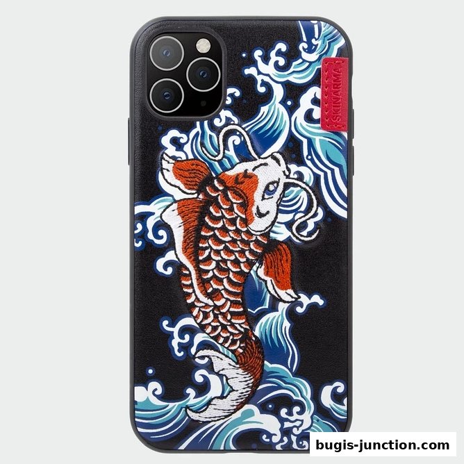 A black phone case with an embroidered koi fish and wave design.