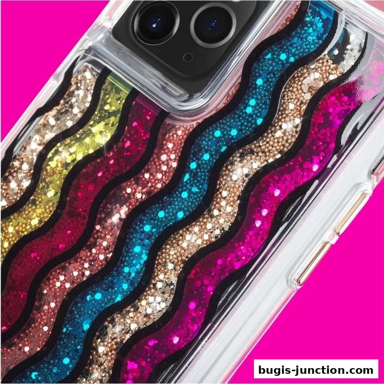A close-up of a phone case with colorful wavy glitter patterns and a camera cutout.