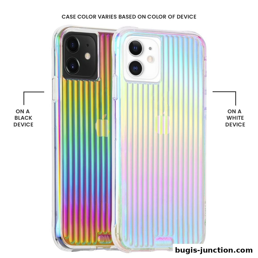Two iPhone cases with iridescent ribbed texture shown on black and white devices.