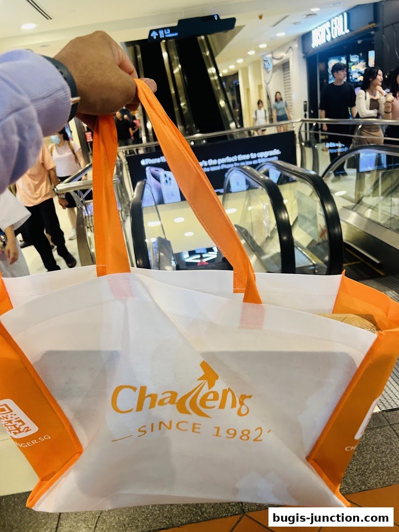 A person holds a Challenger shopping bag in front of escalators and shops.