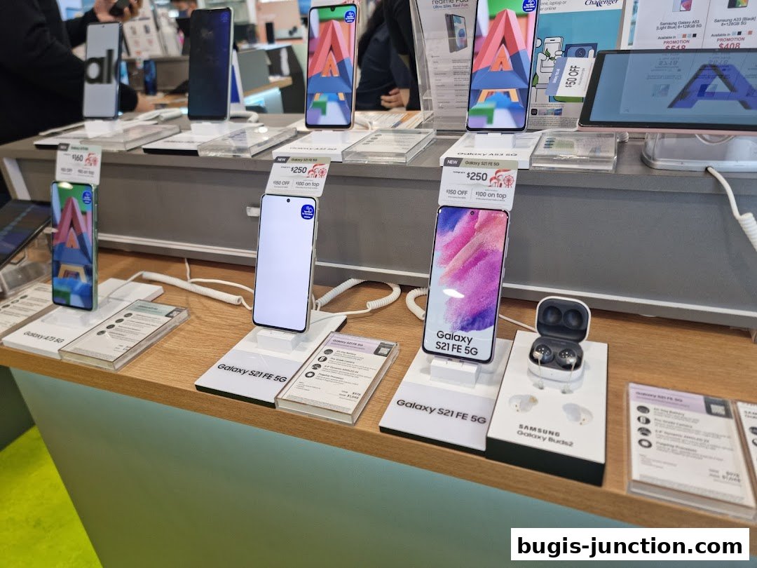 Display of various Samsung smartphones and earbuds on a retail counter.
