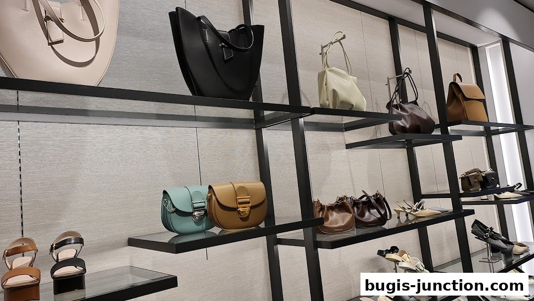 A display of stylish handbags and shoes on shelves in a retail store.