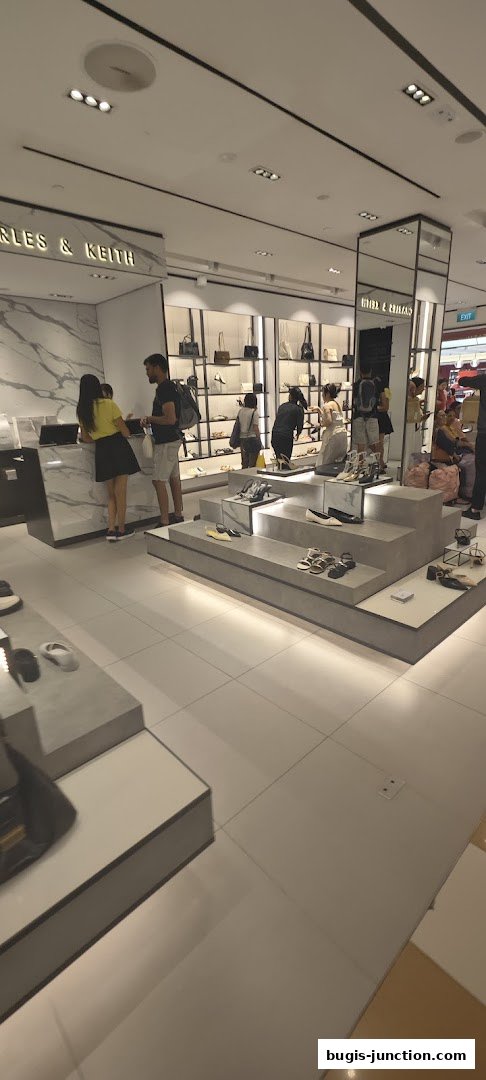 Interior view of a Charles & Keith store showcasing shoes and handbags on display.
