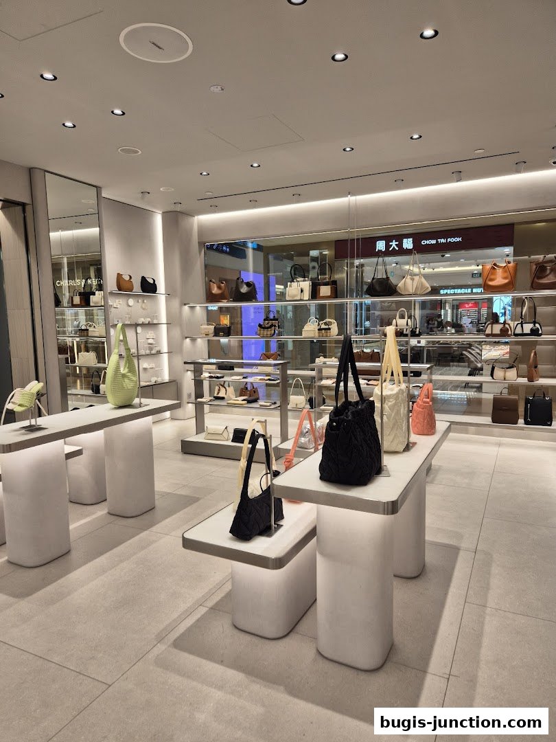 Interior view of a Charles & Keith store showcasing a variety of handbags and shoes.