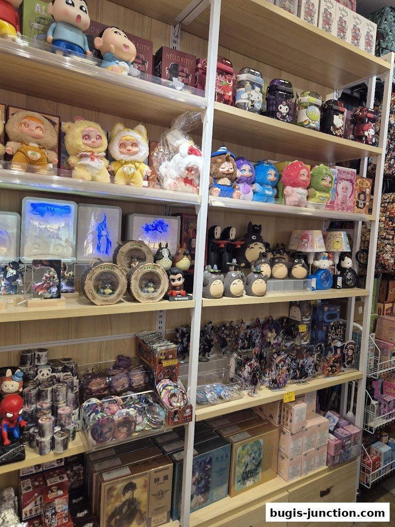 Shelves filled with various anime merchandise, plush toys, and collectible items.