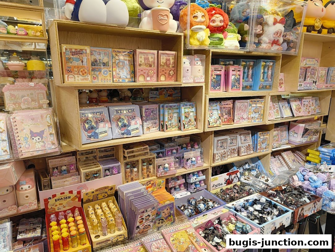 Shelves filled with cute stationery, plush toys, and novelty items.
