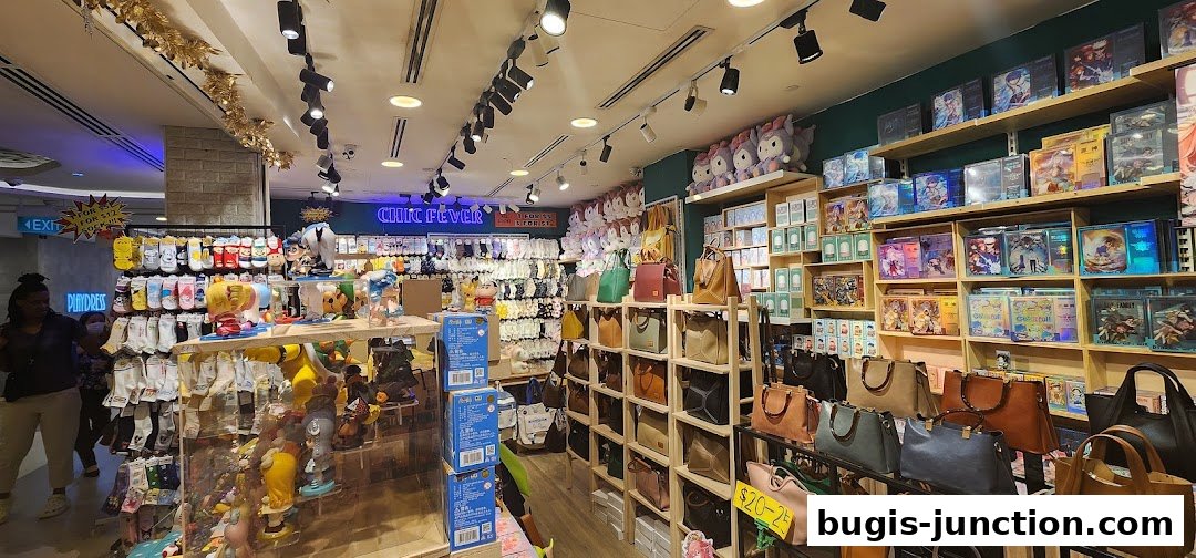 Interior of a retail shop displaying socks, plush toys, handbags, and anime merchandise.