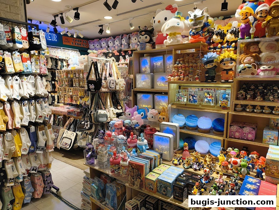 A retail shop filled with anime figures, character merchandise, socks, and bags.