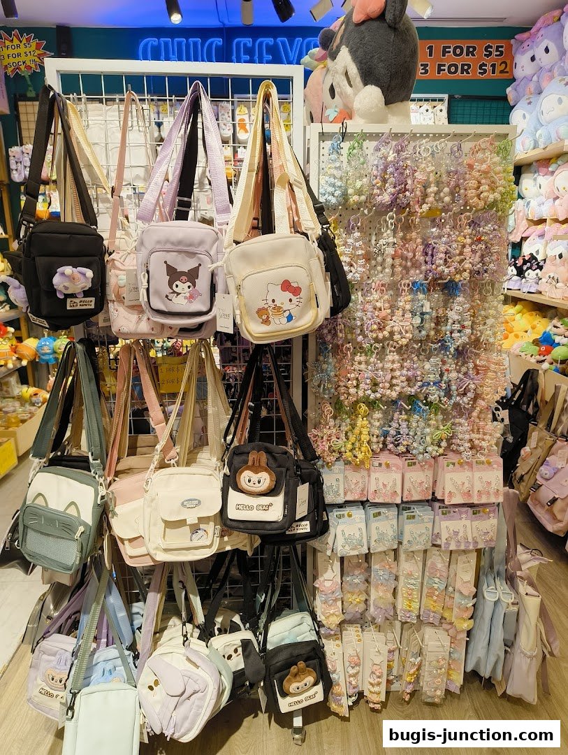 A vibrant display of cute character-themed bags and accessories at Chic Fever.