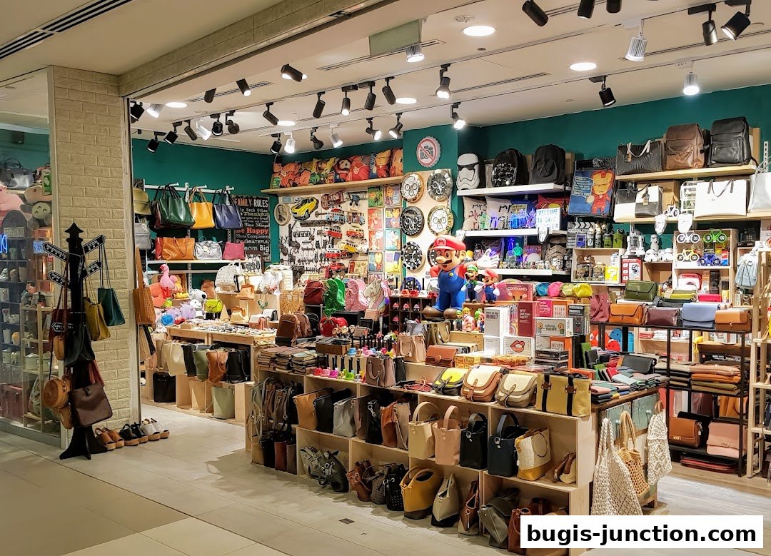 A brightly lit shop interior filled with a wide variety of bags, accessories, and novelty items.
