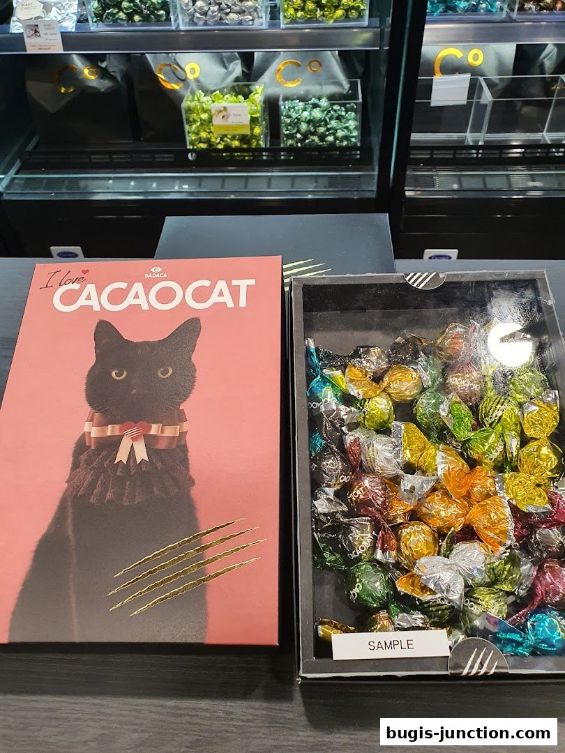 A box of chocolates and a product box with a cat illustration from Chocolate Origin.