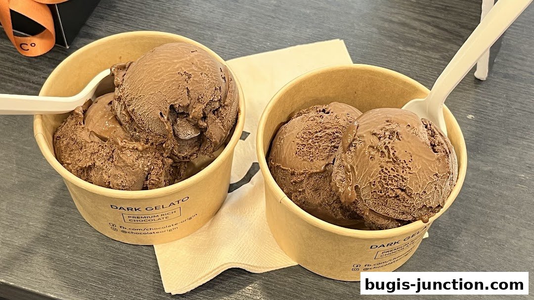 Two cups of rich dark chocolate gelato with spoons, from Chocolate Origin.
