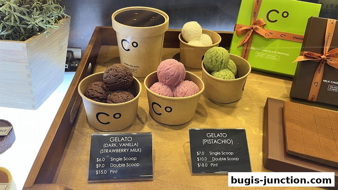 Assortment of gelato flavors and chocolate boxes from Chocolate Origin.