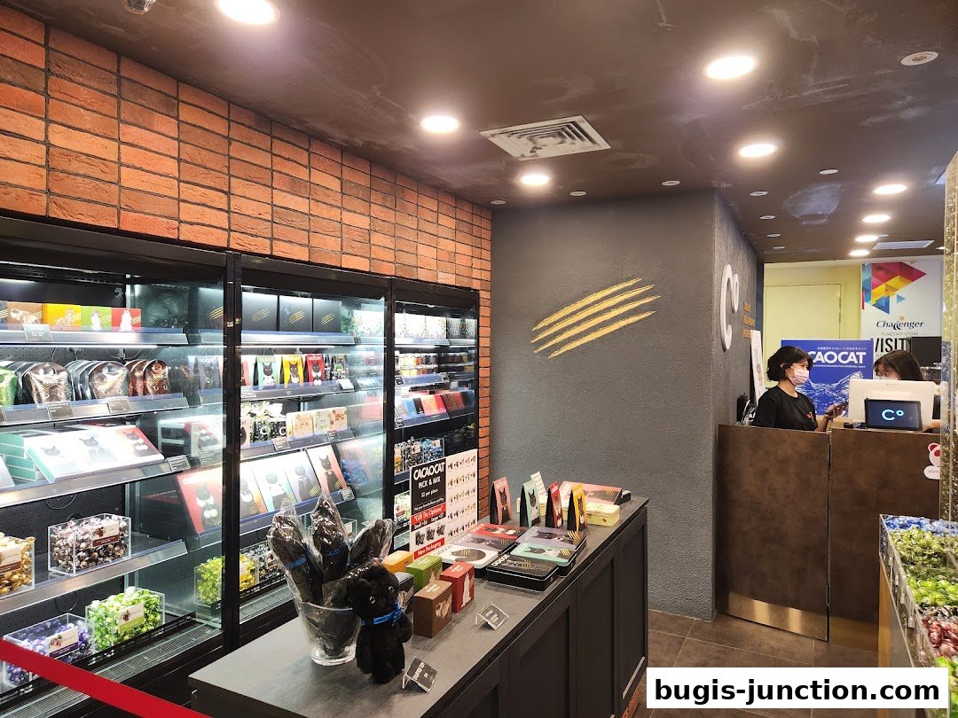 Interior of a chocolate shop with display refrigerators filled with chocolates and a counter with staff.