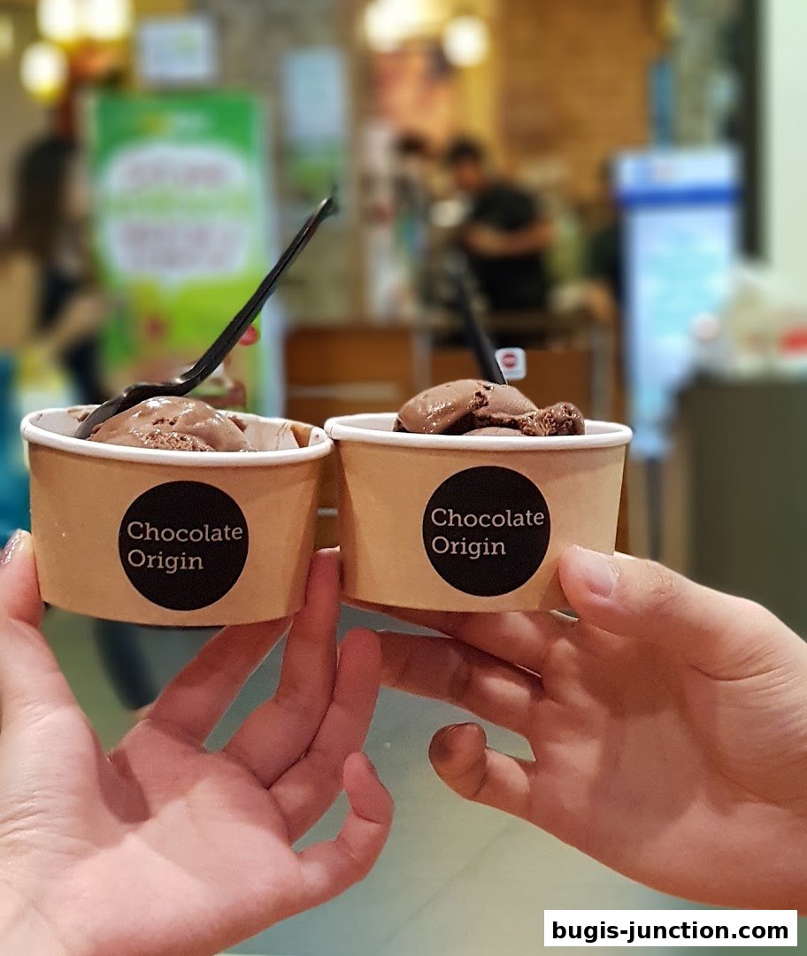 Two cups of chocolate ice cream held by hands, with a blurred shop interior in the background.