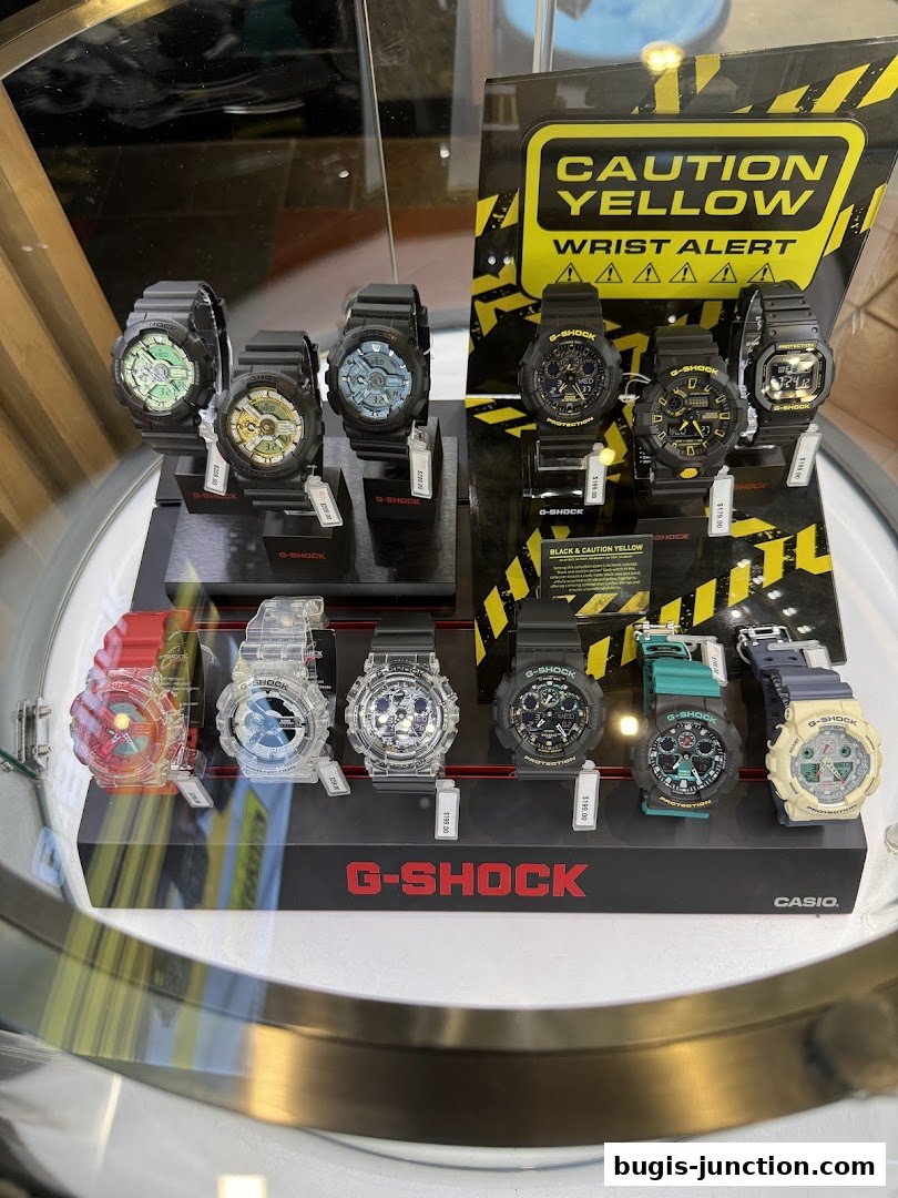 A display of various G-Shock watches, featuring different colors and styles.