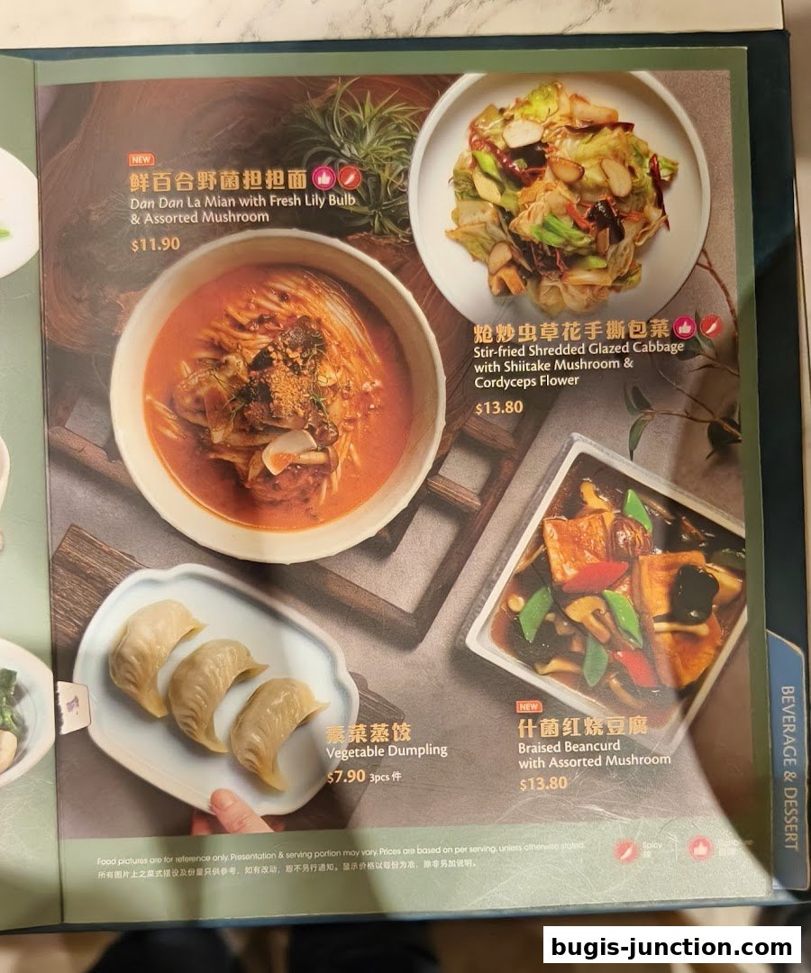 A menu featuring various Chinese dishes including noodles, cabbage, dumplings, and beancurd.