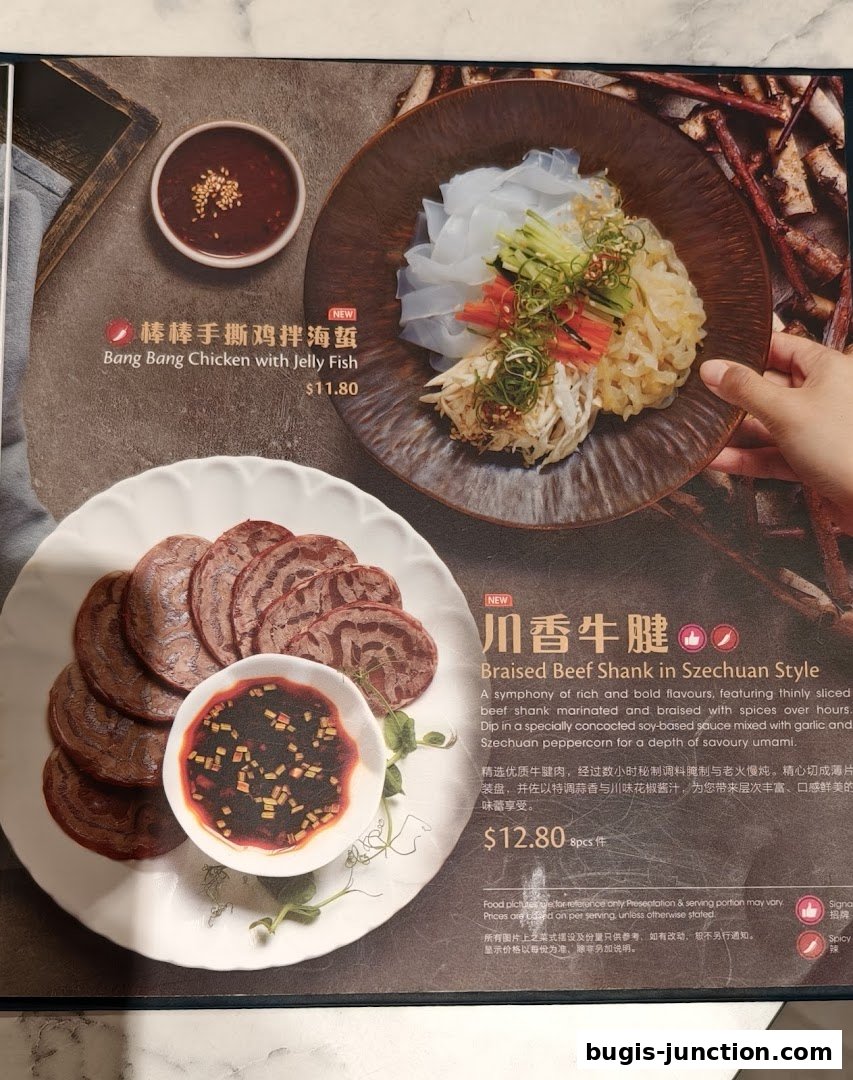 A menu featuring Bang Bang Chicken with Jelly Fish and Braised Beef Shank.