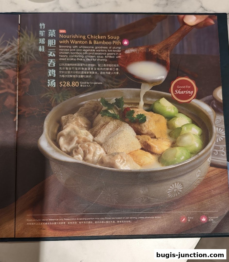 A close-up of a nourishing chicken soup with wontons and bamboo pith, served in a ceramic bowl.