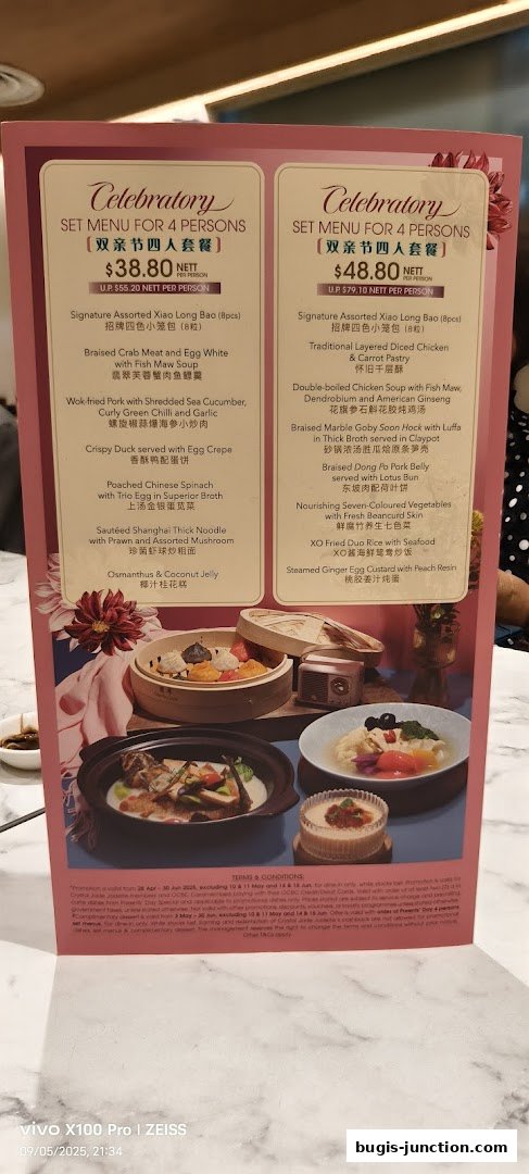 A menu from Crystal Jade La Mian Xiao Long Bao featuring two set menus for four people.