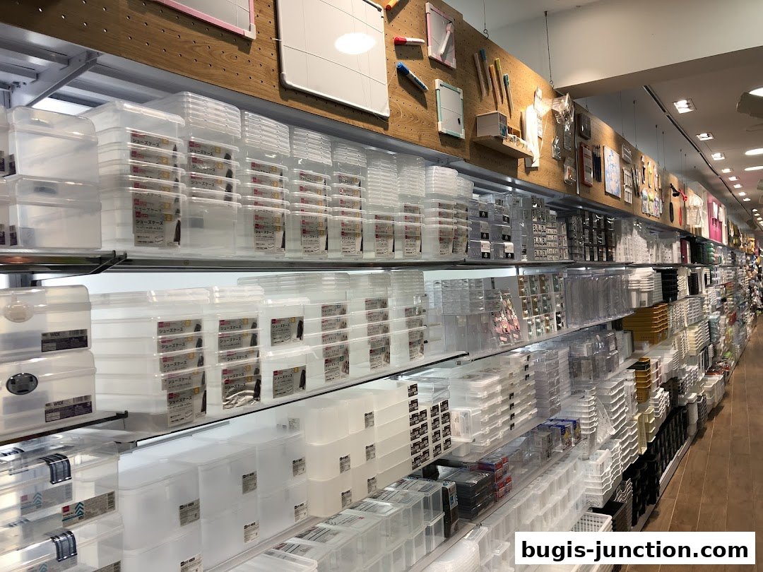 A wide selection of clear plastic storage containers and organizers neatly displayed on shelves.