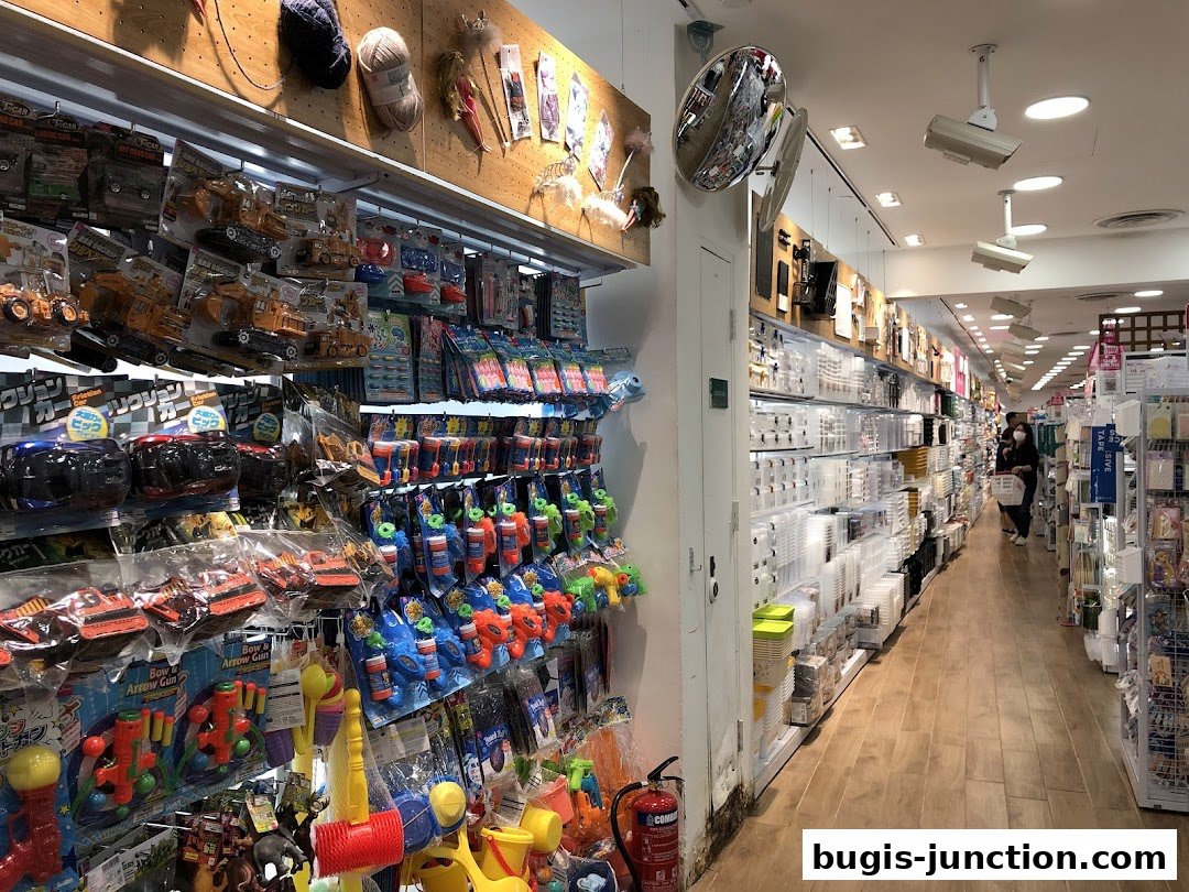 A wide aisle in a retail store filled with toys and household items.