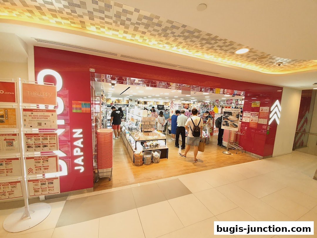 The entrance of a DAISO store with customers browsing inside.