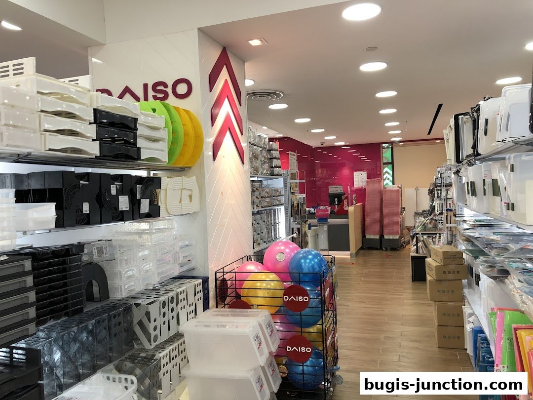 Interior view of a Daiso store showcasing various storage solutions and colorful balls.