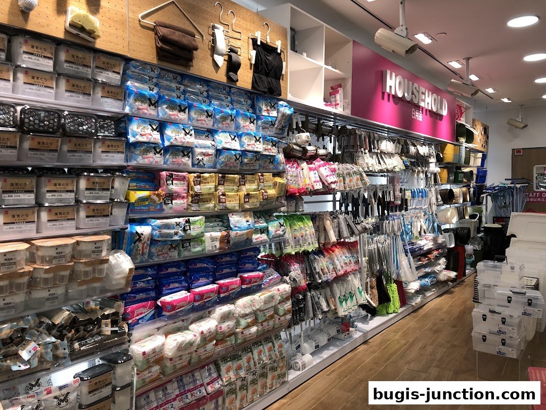 Interior view of a Daiso store showcasing shelves stocked with household goods and storage solutions.