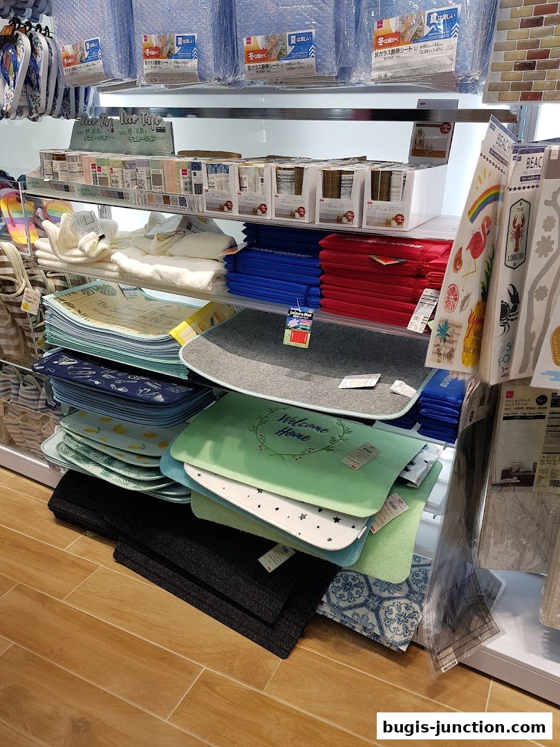 A variety of mats and home decor items displayed on shelves in a retail store.