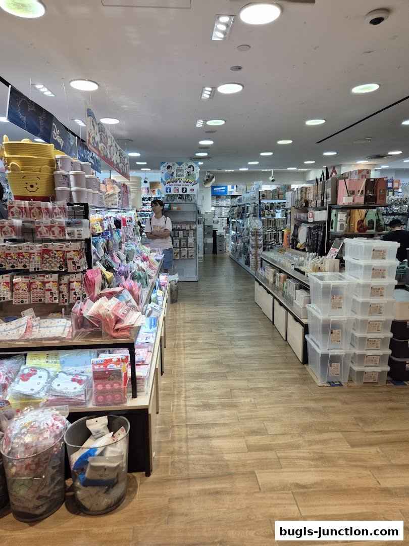 Interior view of a Daiso store with various merchandise displayed on shelves and racks.