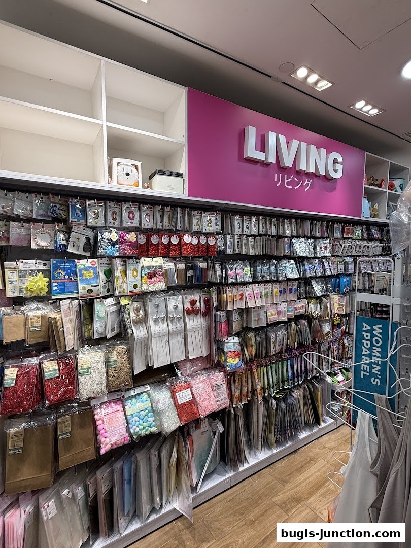 Interior view of a Daiso store showcasing a wide variety of craft and home decor items.