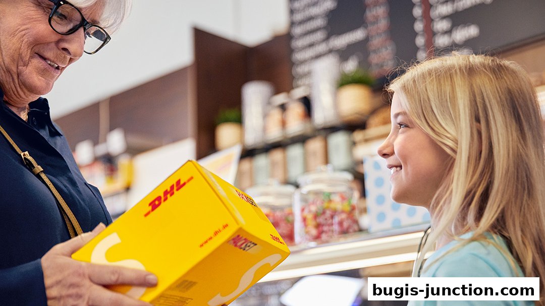 An older woman hands a DHL package to a young girl in a store.