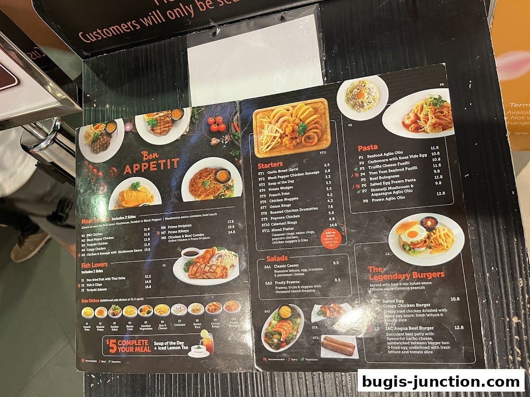 A menu from Eighteen Chefs Bugis Junction featuring starters, pasta, meat dishes, fish, salads, and burgers.